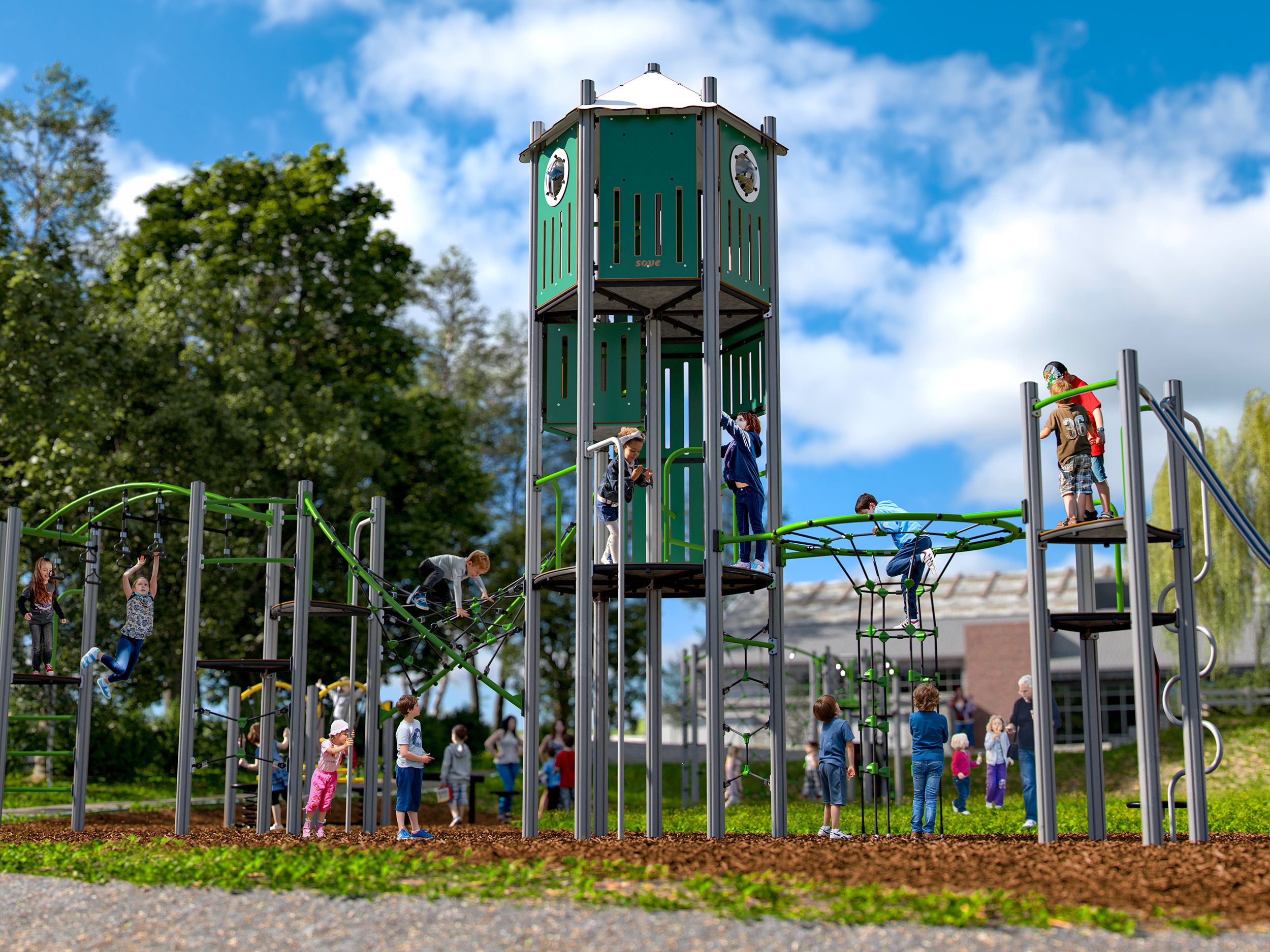 Illustrasjon av skolemiljø utendørs med lekeapparater